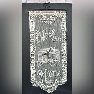 Lace Wall Hanging Bless This Home 29 in X 13 in Ecru Embroidered Garland Vintage